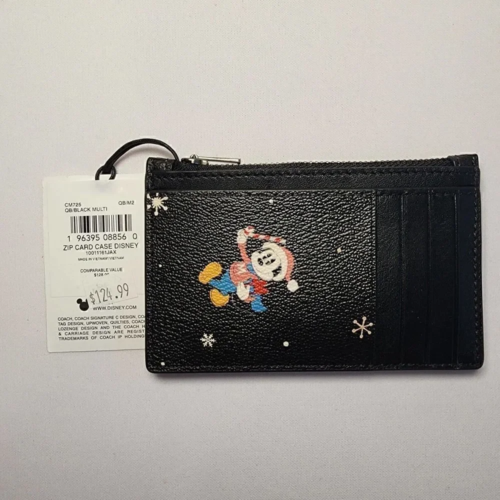 NWT Coach CM725 Disney X Coach Zip Card Case With Holiday Print Black Mu…